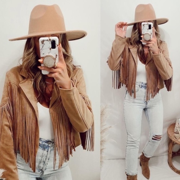 SOLD OUT Camel Faux Leather Suede Fringe Cropped Western Boho Moto Jacket - Picture 2 of 13